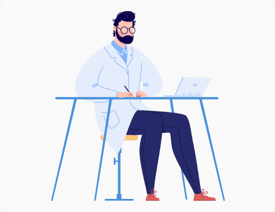 Illustration of a doctor sitting at a desk taking notes from a laptop
