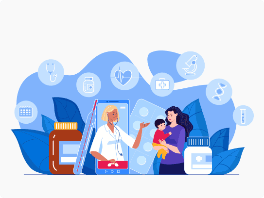 Illustration of a doctor video chatting with a mother and their child in front of a blue background