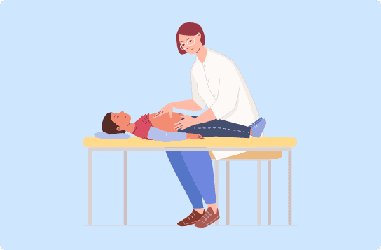 Illustration of a doctor examining a patient on a table against a blue background