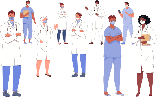 Image of doctors and healthcare providers in white lab coats and in scrubs wearing masks.